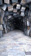 Poster - Abstract 3D rendering of a tunnel like structure composed of gray and brown cubic blocks. The floor is a textured stone like material.
