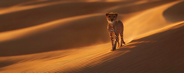 a cheetah walks over the undulating golden landscape of sand dunes
