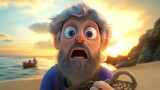 Animated Fisherman's Emotional Sunset Portrait.  A Surprised Cartoon Character on a Beach at Sunrise.  Dramatic Coastal Scene with Fishing Net.