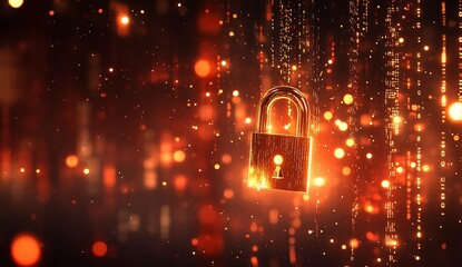 Poster - Golden padlock secures digital data flow; bokeh lights background; privacy concept