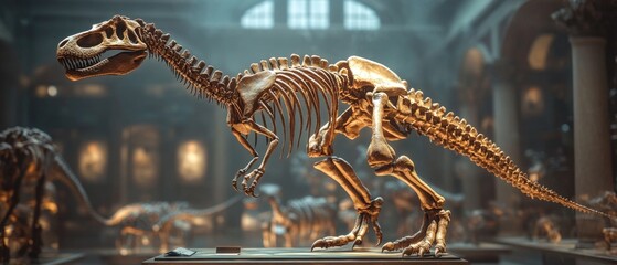 Poster - A fossilized Tyrannosaurus Rex skeleton on display in a museum, offering an educational exhibit