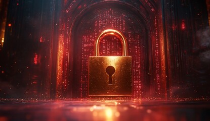 Poster - Secure gateway golden padlock with binary code glows, protection for tech sector