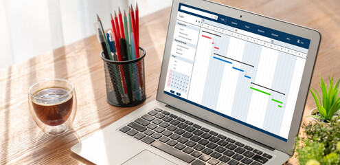 Poster - project planning software for modish business project management on the computer screen showing time