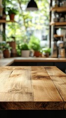 Poster - Sunlight streams through a kitchen window, casting gentle light on a rustic wooden tabletop. Lush green plants add a lively touch, creating a cozy atmosphere perfect for gathering
