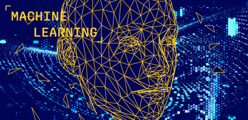 Aufkleber - Vector illustration of a human face formed by yellow geometric lines, set against a digital backdrop. Modern cover highlights the theme of artificial intelligence and technology.