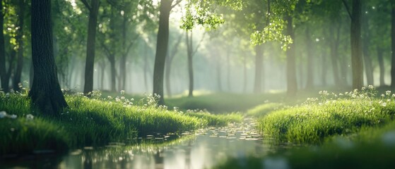 Poster - A serene and picturesque scene of a stream running through a lush green forest, perfect for nature-inspired designs or environmental campaigns