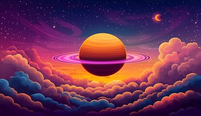 Wall Mural - ringed planet with clouds in nebula sky for fantasy background or wallpaper