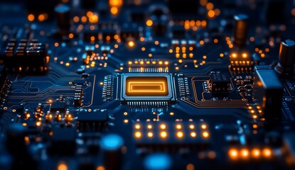 Poster - Lit processor on PCB showcases technology in circuitry, digital design concept