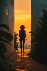 Aufkleber - A woman walks along a walkway as the sun sets in the background