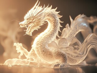 Poster - A small white dragon statue sits atop a wooden table, ready for display or worship