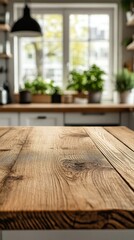 Aufkleber - Warm hues of a rustic wood table top create an inviting atmosphere in a softly blurred kitchen. Lush plants add life and freshness, enhancing the serene culinary space’s charm