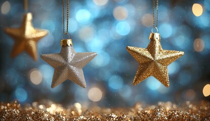 Poster - Golden stars ornaments hanging, blue bokeh background. Christmas celebration shot