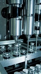 Poster - Automated pharmaceutical production line filling vials with precision at a hightech facility