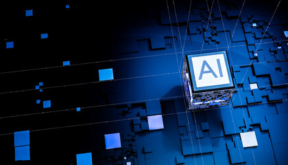 Poster - Futuristic AI chip glowing blue digital cube technology circuit board innovation processor intelligence network data computing power modern design