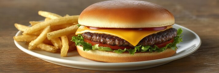 Poster - Delicious cheeseburger with beef patty, lettuce, tomato, and fries served on a plate at a casual dining spot