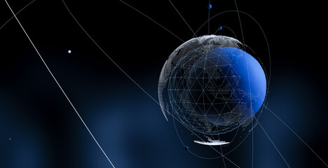 Poster - Futuristic 3D holographic Earth floating in deep black space, illuminated blue continents, advanced global network, modern communication concept, data transfer visualization, cyber technology