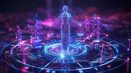 Poster - Virtual hologram representing justice in futuristic trial using advanced AI technology within digital environment