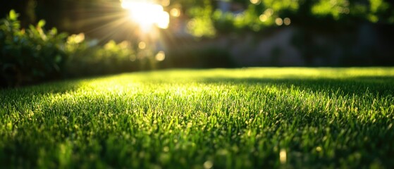 Wall Mural - A bright sunny day with sunlight shining through the lush green grass