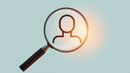 Poster - Magnifying glass focusing on a simple person icon, light blue background, symbolizes searching, finding, or identifying a person, ideal for recruitment or people search concepts