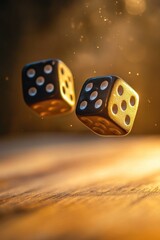 Poster - A pair of black and gold dices suspended in mid-air, a moment captured in time