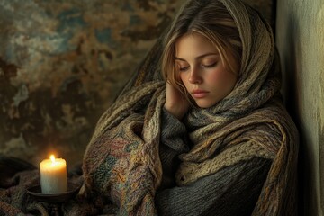 Aufkleber - A woman sits next to a candle, wrapped in a cozy blanket