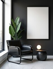 Aufkleber - Modern room design with black blank frame for poster, mock up. Black chair and table near window. Template for picture, art. Home, living, office interior space.