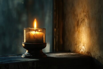 Aufkleber - A lit candle sits on a window sill, providing soft light