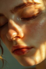 Poster - A close-up shot of a woman's face with her eyes closed, suitable for use in portraits or intimate scenes