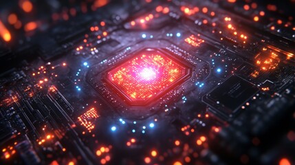 Poster - A high-tech depiction showcasing the core of quantum computing with a focus on qubits, superposition, and entanglement within an intricate circuit board.