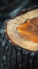 Poster - A close-up shot of a wooden fragment with a tree stump visible in the background