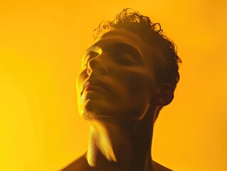 Aufkleber - A person with their eyes closed in a bright yellow light, suitable for use in illustrations about introspection, meditation or contemplation