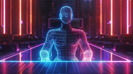 Poster - Virtual hologram judge conducting a trial through augmented reality in a futuristic courtroom setting