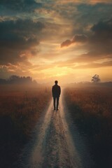 Aufkleber - A man walks along a dirt road at sunset, capturing the warm glow of the setting sun