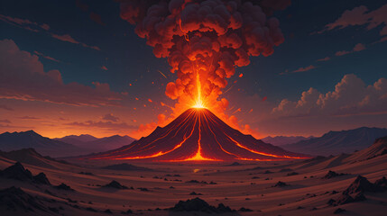Fiery explosion in desert at sunset illustration. Red heat, volcano smoke eruption. Orange dangerous lava, crater with mountain, energy light. Volcanic disaster burn with magma dark sky. Hell bomb