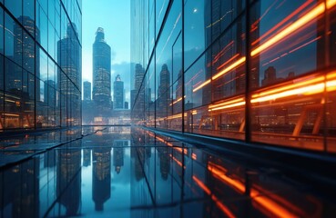 Poster - Abstract distorted reflections in glass building, distorting reality. Tall buildings, architecture, geometric futuristic light form city perspective. Skyscrapers reflected in windows. Evening blue