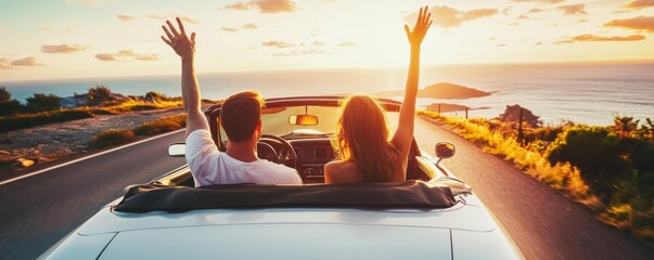 Poster - Young couple in a white convertible car on a coastal road, hands raised, happy and excited, with the sunset light behind them, viewed from the back - a summer vacation concept.