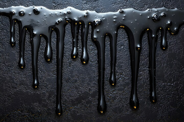 Poster - Dark liquid drips down a textured surface, creating an abstract pattern of viscous streaks and droplets