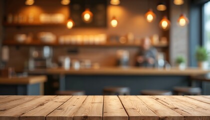 Aufkleber - Rustic wooden table before blurred background of coffee shop, cafe with warm lights. Natural tabletop surface for montage product display, presentation. Empty counter, restaurant interior, template,
