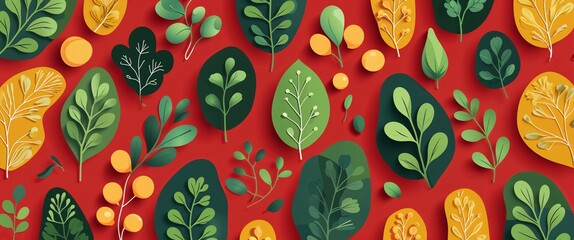 Aufkleber - mustard greens pattern on red plain background digital abstract art work illustration design