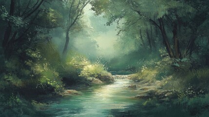 Poster - A serene stream runs through the forest, surrounded by lush greenery