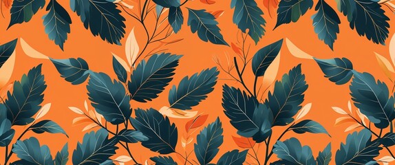 Poster - oak leaf pattern on orange plain background digital abstract art work illustration design