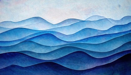 Poster - serene watercolor waves in shades of blue, abstract sea and mountain landscape, perfect for calming wall art and decor