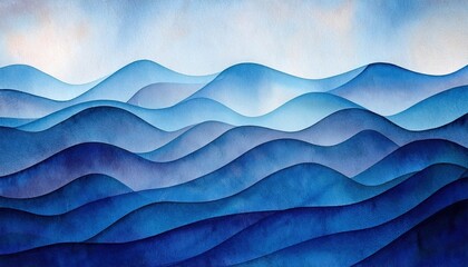 Poster - serene watercolor waves in shades of blue, abstract sea and mountain landscape, perfect for calming wall art and decor