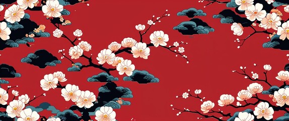 Poster - tatsoi pattern on red plain background digital abstract art work illustration design