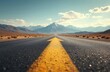 © miss irine - Arrow points forward on asphalt road to mountains. Direction sign shows straight way. Concept of forward movement, business strategy, progress, challenge, goal achievement, travel adventure, mission,