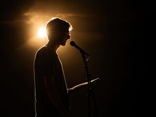 Poster - A person speaking into a microphone in a dimly lit environment