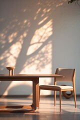 Poster - elegant wooden dining table with chair casting long shadows in warm sunset light