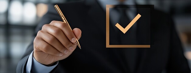 Poster - Businessman holds a tablet and writes on a virtual to-do list, displaying strategy and marketing concepts in a sleek office setting