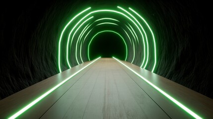 Fototapete - abstract 3d render of a futuristic tunnel with glowing neon green circles and lines on dark textured