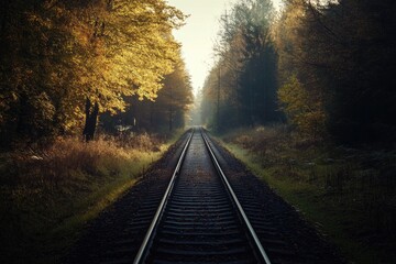 Poster - A railway track winding through dense forest trees